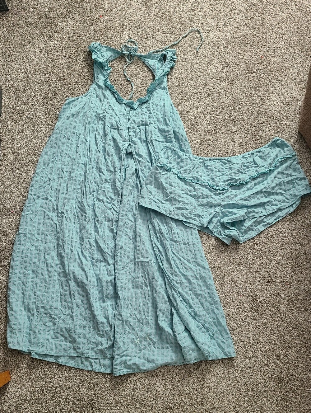 Anthropologie Teal Searsucker Sleeveless Ruffle Two Piece Pajamas Set Size XL - Picture 4 of 7